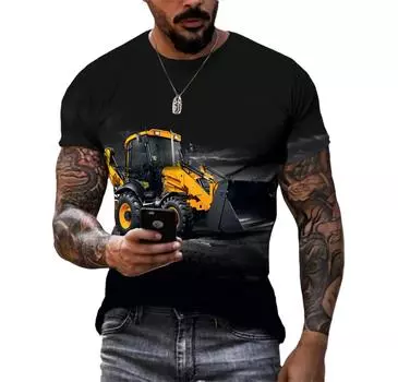 Мужская футболка с надписью Engineering Truck Excavator Summer Personality, футболка большого размера с коротким рукавом, футболка с круглым вырезом и принтом в виде бульдозера и трактора S