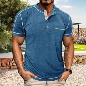 Мужская футболка с нагрудным карманом, круглым вырезом, воротником на пуговицах, короткими рукавами, повседневная летняя футболка для дома, спортзала, уличной одежды M чёрный