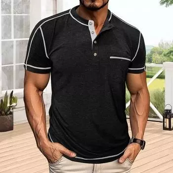 Мужская футболка с нагрудным карманом, круглым вырезом, воротником на пуговицах, короткими рукавами, повседневная летняя футболка для дома, спортзала, уличной одежды M чёрный