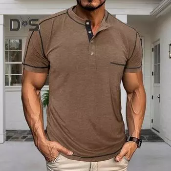 Мужская футболка с нагрудным карманом, круглым вырезом, воротником на пуговицах, короткими рукавами, повседневная летняя футболка для дома, спортзала, уличной одежды M синий