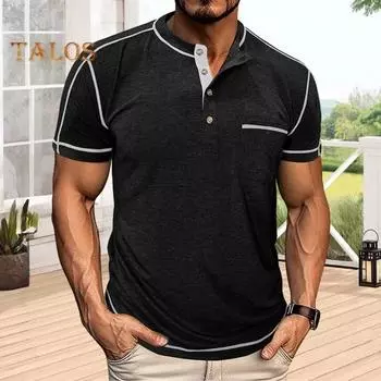 Мужская футболка с нагрудным карманом, круглым вырезом, воротником на пуговицах, короткими рукавами, повседневная летняя футболка для дома, спортзала, уличной одежды M чёрный