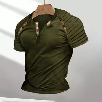 Мужская футболка с плиссировкой на пуговицах и шее, тонкий пуловер в стиле ретро, круглый эластичный средней длины, повседневная одежда, повседневный топ M темно-синий