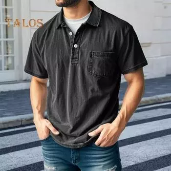 Мужская футболка с потертыми лацканами, повседневная футболка с коротким рукавом, летняя футболка с воротником на пуговицах и карманом для работы, повседневной носки на улице S армия зеленый