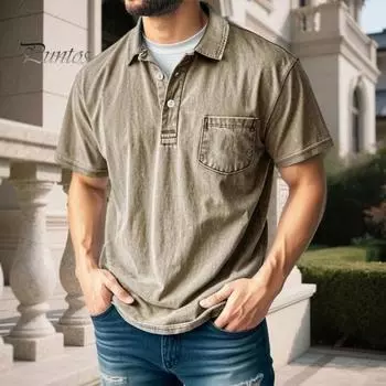 Мужская футболка с потертыми лацканами, повседневная футболка с коротким рукавом, летняя футболка с воротником на пуговицах и карманом для работы, повседневной носки на улице S чёрный