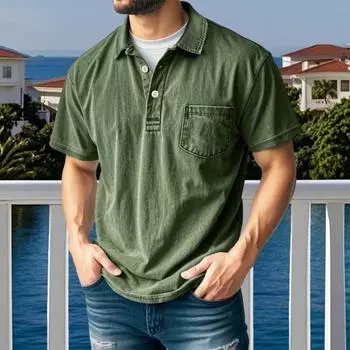 Мужская футболка с потертыми лацканами, повседневная футболка с коротким рукавом, летняя футболка с воротником на пуговицах и карманом для работы, повседневной носки на улице S армия зеленый