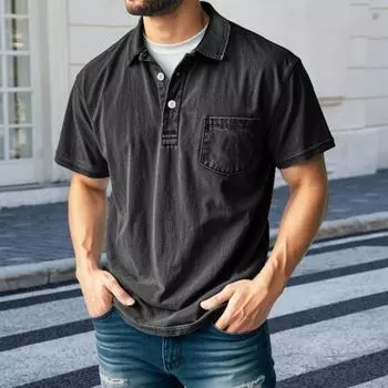 Мужская футболка с потертыми лацканами, повседневная футболка с коротким рукавом, летняя футболка с воротником на пуговицах и карманом для работы, повседневной носки на улице S армия зеленый