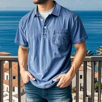 Мужская футболка с потертыми лацканами, повседневная футболка с коротким рукавом, летняя футболка с воротником на пуговицах и карманом для работы, повседневной носки на улице S хаки