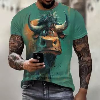 Мужская футболка с принтом 3D Angry Bull Print Tees Tops Fashion Men Animal Pattern T Shirt Oversize Streetwear O-Neck Fashion S