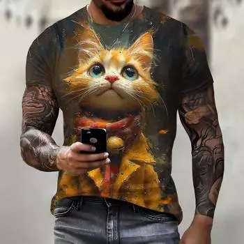 Мужская футболка с принтом 3D Ginger Cat Print Tees Tops Fashion Men Animal Pattern T Shirt Oversize Streetwear O-Neck Fashion S