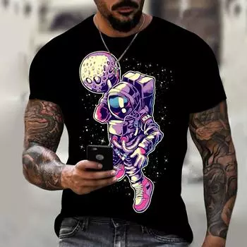 Мужская футболка с принтом астронавта 3D, свободные летние повседневные мужские футболки, винтажные топы с круглым вырезом, черные, с коротким рукавом, в стиле хип-хоп, уличная одежда M