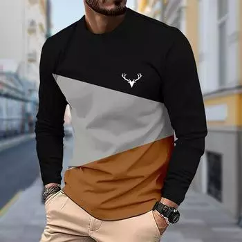 Мужская футболка с принтом Block Splicing, длинный рукав, круглый вырез, уличная одежда с 3D-принтом XS чёрный