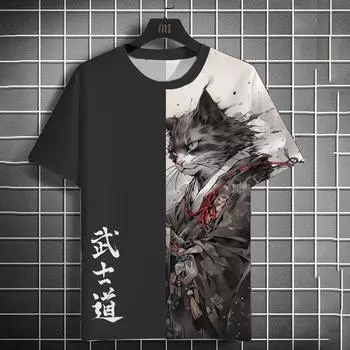 Мужская футболка с принтом «Bushido Animal Cat Samurai», летняя футболка с коротким рукавом, мужские ретро-топы, повседневная мужская свободная футболка S