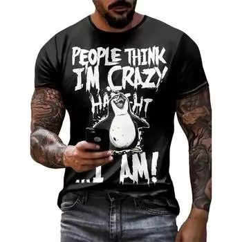 Мужская футболка с принтом Crazy Penguin, повседневная футболка с коротким рукавом, свитер с круглым вырезом, забавная футболка с изображением животных, уличная одежда большого размера S