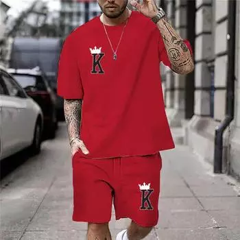 Мужская футболка с принтом Crown K, комплект с шортами, летняя шикарная повседневная одежда, одежда из двух предметов, модные шорты с короткими рукавами для мужчин S