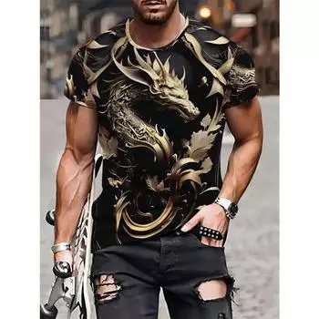 Мужская футболка с принтом дракона 3D с круглым вырезом и коротким рукавом, летняя футболка, модная, больших размеров, свободная, повседневная, трикотажная, спортивная футболка S чёрный