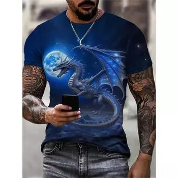 Мужская футболка с принтом дракона, повседневная футболка с коротким рукавом и круглым вырезом, мужская одежда для активного отдыха S