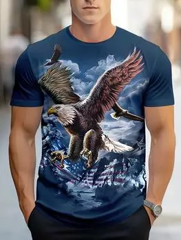 Мужская футболка с принтом Eagle 3D — повседневная, легкая и удобная футболка с коротким рукавом | Дышащий, мягкий полиэстер | Стильный и креативный графический дизайн S синий