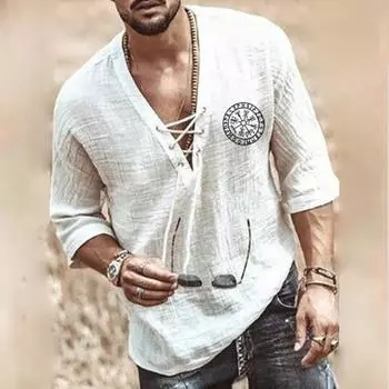 Мужская футболка с принтом и завязкой на груди, средний рукав, повседневные рубашки S белый