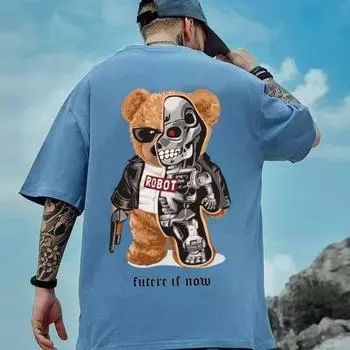 Мужская футболка с принтом «Медведь и битва», модная летняя повседневная мужская футболка с коротким рукавом и круглым вырезом с коротким рукавом M белый