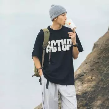 Мужская футболка с принтом Мужская свободная хлопковая футболка с круглым вырезом и короткими рукавами S чёрный