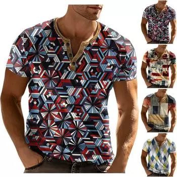 Мужская футболка с принтом на открытом воздухе, свободный топ с короткими рукавами на пуговицах в стиле ретро M синий