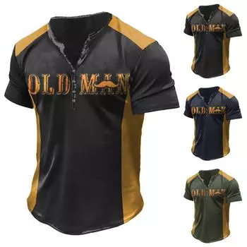 Мужская футболка с принтом на открытом воздухе, свободный топ с короткими рукавами на пуговицах в стиле ретро M чёрный