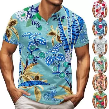 Мужская футболка с принтом на открытом воздухе, свободный топ с короткими рукавами на пуговицах в стиле ретро L синий