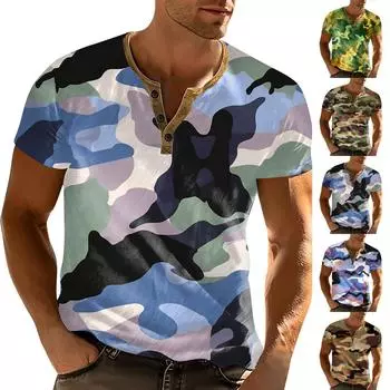 Мужская футболка с принтом на открытом воздухе, свободный топ с короткими рукавами на пуговицах в стиле ретро L