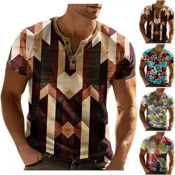 Мужская футболка с принтом на открытом воздухе, свободный топ с короткими рукавами на пуговицах в стиле ретро L коричневый