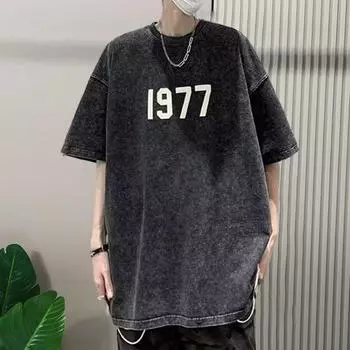 Мужская футболка с принтом номера, свободный круглый вырез, однотонный пуловер с короткими рукавами, мягкая уличная одежда M чёрный