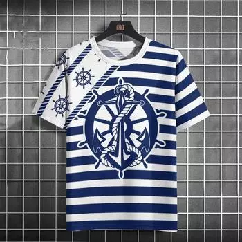 Мужская футболка с принтом якоря, летние повседневные футболки с короткими рукавами и 3d принтом, уличная одежда, пуловер с круглым вырезом, мужская одежда большого размера S