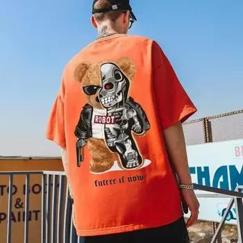 Мужская футболка с принтом робота-медведя, повседневная хлопковая летняя одежда, дышащие топы, свободная модная спортивная футболка M белый