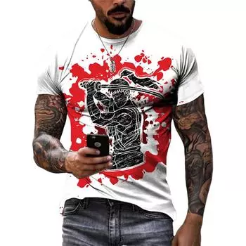 Мужская футболка с принтом самурая 3D, уличный хип-хоп тренд, короткий рукав, повседневная индивидуальная модная одежда с круглым вырезом L