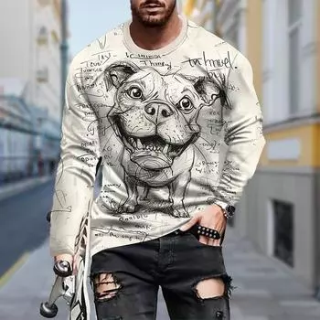 Мужская футболка с принтом щенка, рубашка с длинным рукавом, круглый вырез, уличная одежда с 3D-принтом XS бежевый