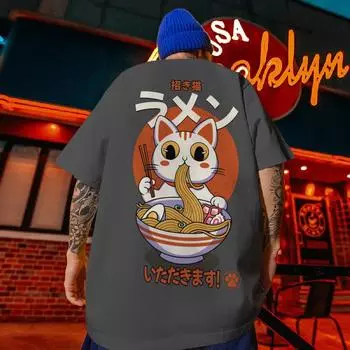 Мужская футболка с принтом Sushi Lucky Cat Мужская одежда Модная повседневная свободная рубашка с короткими рукавами большого размера Уличная футболка Harajuku Топы Футболки S