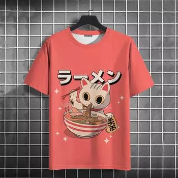 Мужская футболка с принтом Sushi Lucky Cat Мужская одежда Модная повседневная свободная футболка с коротким рукавом большого размера Футболка Уличная футболка Harajuku S