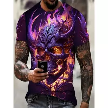 Мужская футболка с принтом светящегося черепа и пламени в виде 3D-принта, модные футболки с коротким рукавом для лета, свободная мужская одежда, повседневный пуловер S