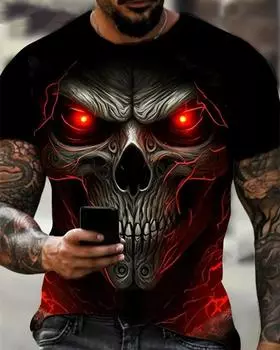 Мужская футболка с принтом ужасного черепа, 3D-принт, винтажный O-образный вырез, короткий рукав, модные футболки больших размеров, мужская летняя уличная одежда XS