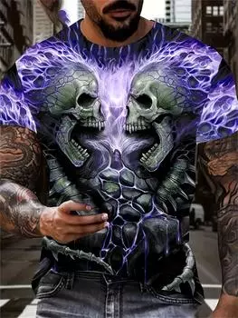 Мужская футболка с принтом ужасного черепа, 3D-принт, винтажный O-образный вырез, короткий рукав, модные футболки больших размеров, мужская летняя уличная одежда S