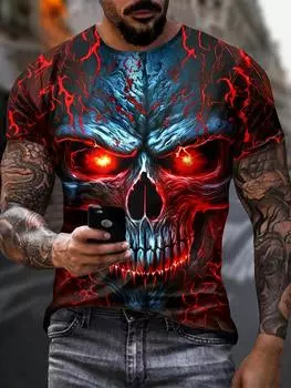 Мужская футболка с принтом ужасного черепа, 3D-принт, винтажные футболки с круглым вырезом и коротким рукавом, модная летняя уличная одежда для мужчин S чёрный