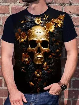 Мужская футболка с принтом в виде цветочного черепа, футболки с коротким рукавом, винтажные футболки с круглым вырезом, футболки больших размеров, мужские летние повседневные топы XS