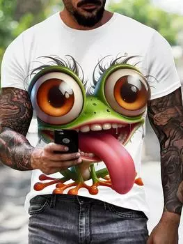Мужская футболка с принтом в виде милой лягушки с большими глазами в 3D-стиле, повседневная уличная футболка с коротким рукавом, контрастный цвет, удобная и повседневная верхняя одежда S белый