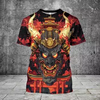 Мужская футболка с принтом в виде японского воина-призрака, повседневные футболки с короткими рукавами, свободная мужская одежда, верхняя одежда в уличном стиле S