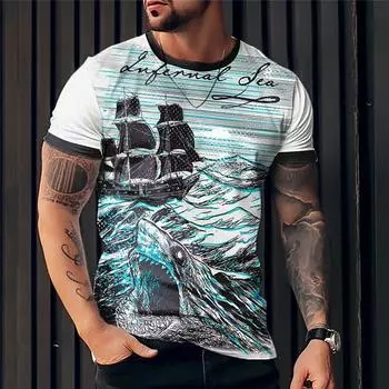 Мужская футболка с рисунком акулы, лодки, пирата, с круглым вырезом, 3D-принтом, для повседневного использования, с короткими рукавами S