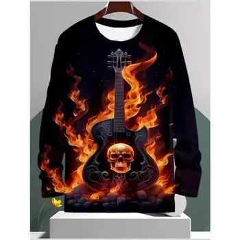 Мужская футболка с рисунком гитары Fiery, повседневная футболка из полиэстера с круглым вырезом и длинными рукавами, слегка эластичная, на весну/осень — топ из трикотажной ткани стандартного кроя S