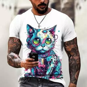 Мужская футболка с рисунком граффити и котом, футболка с короткими рукавами, топы с животным принтом, футболки большого размера, летняя мужская одежда 4XL L
