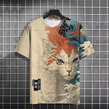 Мужская футболка с рисунком кота и 3D принтом, повседневный пуловер для мужчин, летняя толстовка с круглым вырезом, свободные повседневные футболки с короткими рукавами 2XL
