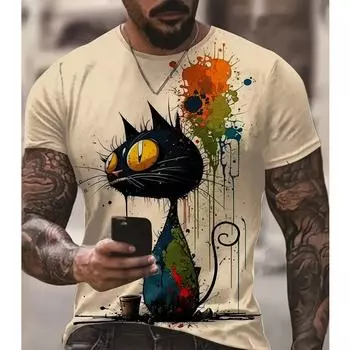 Мужская футболка с рисунком кота и граффити, футболка с короткими рукавами, топы с животным принтом, футболки большого размера, летняя мужская одежда M