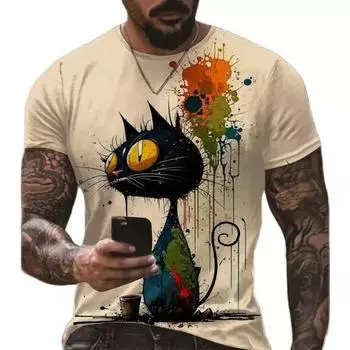 Мужская футболка с рисунком кота и граффити, футболка с короткими рукавами, топы с животным принтом, футболки большого размера, летняя мужская одежда 2XL