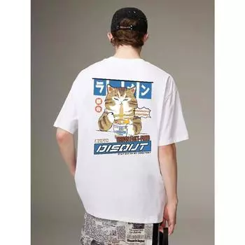 Мужская футболка с рисунком кота из мультфильма «Харадзюку», повседневная мешковатая футболка с коротким рукавом, футболка большого размера в японском стиле, мужская одежда 2000 года S белый